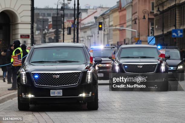 Presidential cars Cadillac One drive the street during US President Joe Biden visit in Warsaw, Poland on February 22, 2023. President Biden visits...