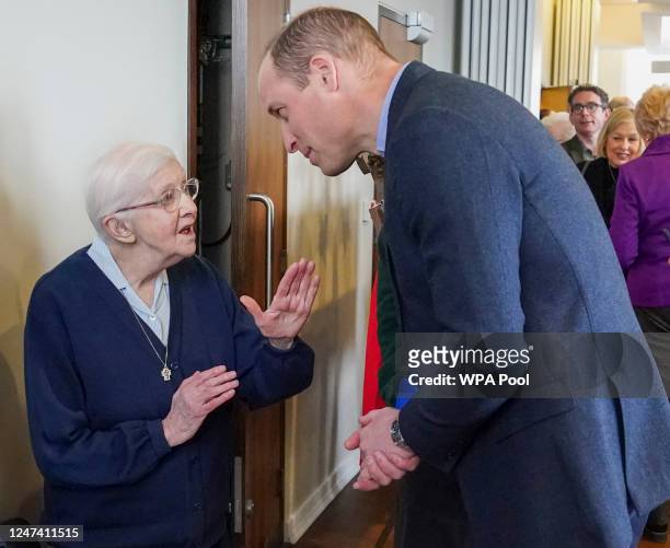 Prince William, Prince of Wales speaks with Sister Joan, a nun with Daughters of Charity St Vincent De Paul who remembered Prince William when he was...