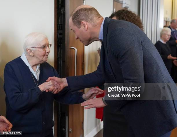 Prince William, Prince of Wales speaks with Sister Joan, a nun with Daughters of Charity St Vincent De Paul who remembered Prince William when he was...