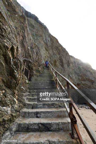The steep staircase down to Whipsiderry Cliffs in Newquay, days after protests and arguments around the construction of Second homes along the cliff...