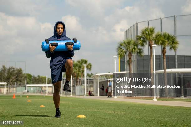 Adalberto Mondesi of the Boston Red Sox runs during a Spring Training team workout on February 23, 2023 at JetBlue Park at Fenway South in Fort...