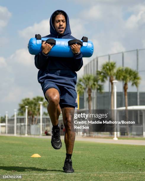 Adalberto Mondesi of the Boston Red Sox runs during a Spring Training team workout on February 23, 2023 at JetBlue Park at Fenway South in Fort...