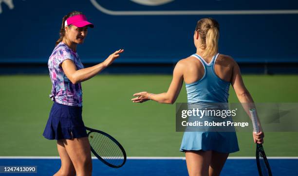 Monica Niculescu of Romania and Kimberley Zimmermann of Belgium in action against Demi Schuurs of the Netherlands and Desirae Krawczyk of the United...