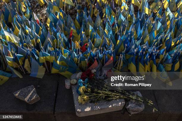 Ukrainian flags commemorating Ukrainian soldiers killed during the war with Russia, at Independence Square, on February 23, 2023 in downtown Kyiv,...