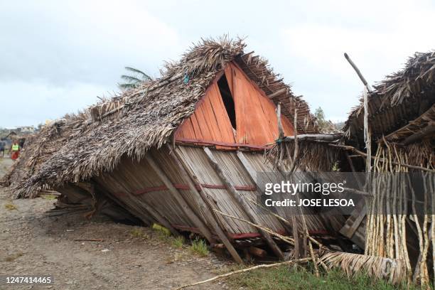 This image shows a traditional house of the east coast of Madagascar destroyed in the aftermath of cyclone Freddy in Mananjary on February 23, 2023....