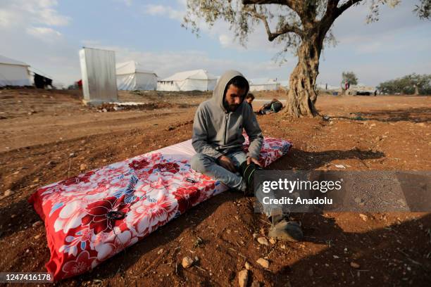 Citizens in the Jinderes town are struggling to survive on the edges of the ruins and in tents, following earthquakes, in Aleppo, Syria on February...