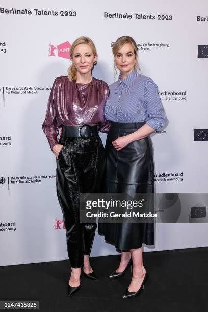Cate Blanchett and Nina Hoss attend the Berlinale Talent Talk "Grand Orchestra: Conducting TÁR" during the 73rd Berlinale International Film Festival...