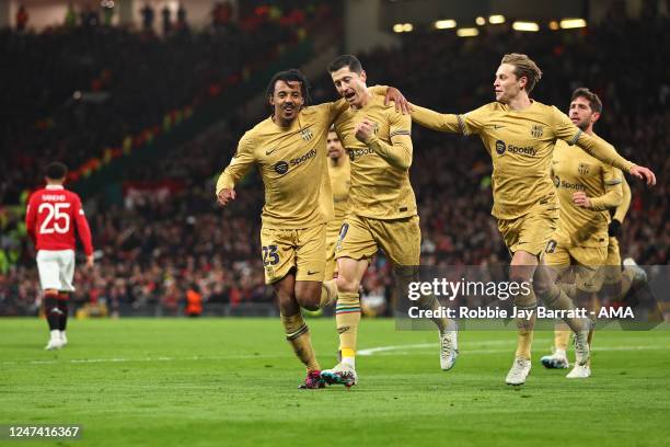 Robert Lewandowski of FC Barcelona celebrates after scoring a goal to make it 0-1 during the UEFA Europa League knockout round play-off leg two match...