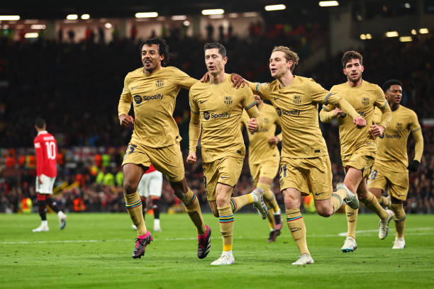 Robert Lewandowski of FC Barcelona celebrates after scoring a goal to make it 0-1 during the UEFA Europa League knockout round play-off leg two match...