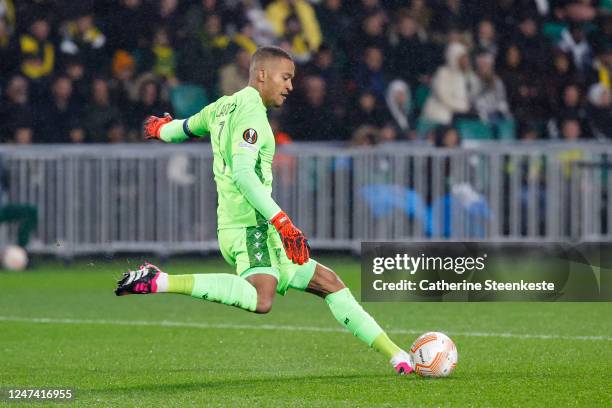 Alban Lafont of FC Nantes shoots the ball during the UEFA Europa League knockout round play-off leg two match between FC Nantes and Juventus at...