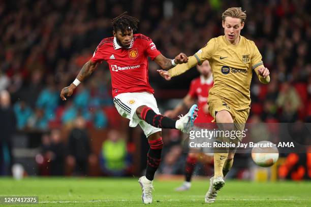 Fred of Manchester United scores a goal to make it 1-1 during the UEFA Europa League knockout round play-off leg two match between Manchester United...