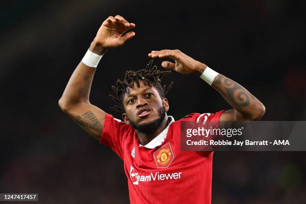 Fred of Manchester United celebrates after scoring a goal to make it 1-1 during the UEFA Europa League knockout round play-off leg two match between...