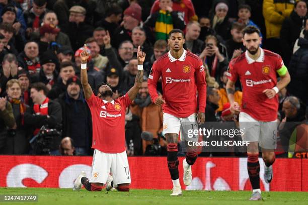Manchester United's Brazilian midfielder Fred celebrates after scoring his team first goal during the UEFA Europa league knockout round play-off...