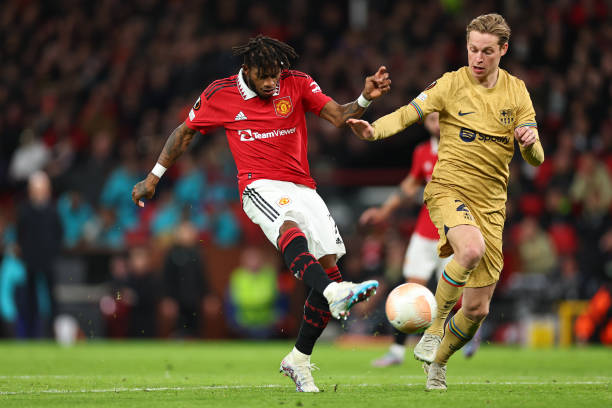 Fred of Manchester United scores a goal to make it 1-1 during the UEFA Europa League knockout round play-off leg two match between Manchester United...