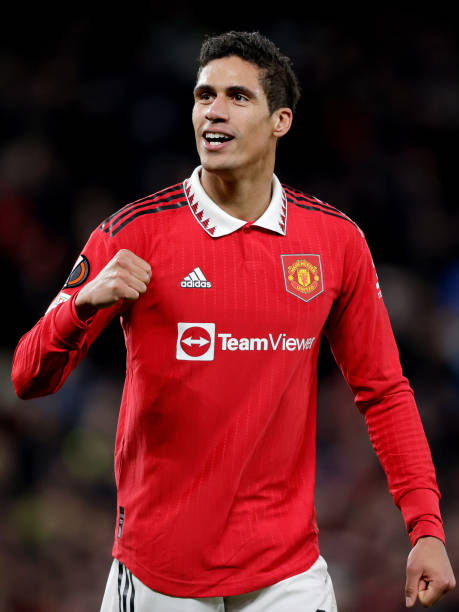 Raphael Varane of Manchester United celebrates the victory during the UEFA Europa League match between Manchester United v FC Barcelona at the Old...