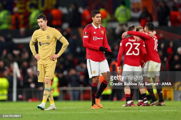 Dejected Robert Lewandowski of FC Barcelona at full time during the UEFA Europa League knockout round play-off leg two match between Manchester...