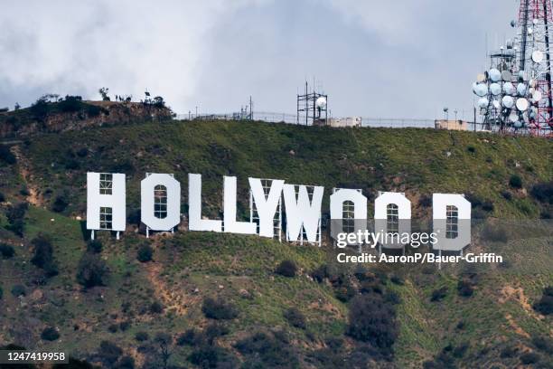 The Hollywood Sign amid a rare winter storm system and blizzard warning on February 23, 2023 in Hollywood, California.