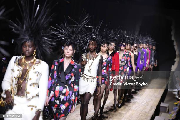 Models walk the runway during the finale of the Moschino fashion show during the Milan Fashion Week Womenswear Fall/Winter 2023/2024 on February 23,...