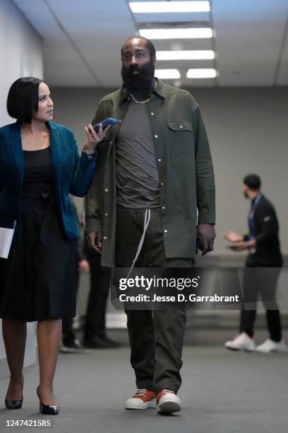 James Harden of the Philadelphia 76ers arrives to the arena before the game against the Memphis Grizzlies on February 23, 2023 at the Wells Fargo...