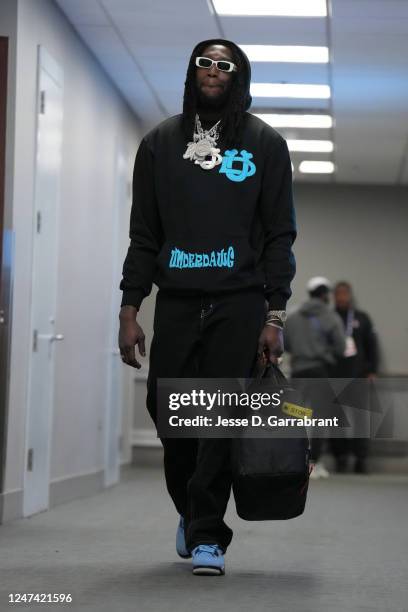 Montrezl Harrell of the Philadelphia 76ers arrives to the arena before the game against the Memphis Grizzlies on February 23, 2023 at the Wells Fargo...