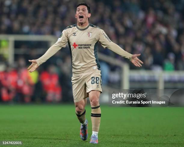 André Castro of Sporting Braga celebrates after scoring the team's first goal during the UEFA Europa Conference League knockout round play-off leg...