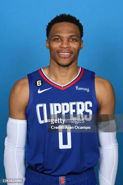 Russell Westbrook of the LA Clippers poses for a head shot on February 23, 2023 at the Honey Training Center in Playa Vista, California. NOTE TO...