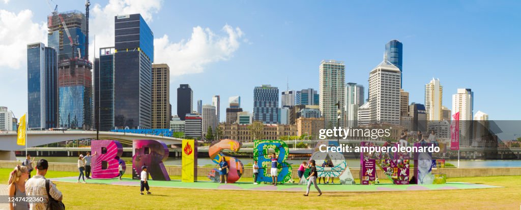 Skyline of Brisbane with the g20 Brisbane sign at South Bank, Queensland, Australia