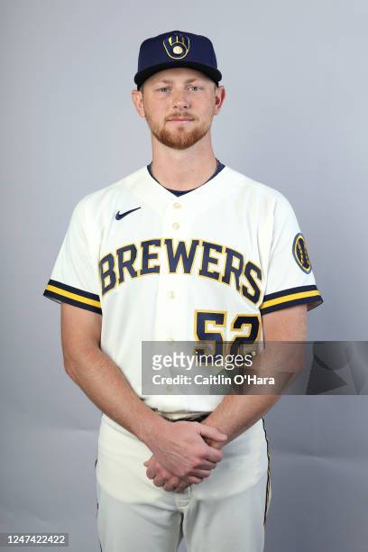 Eric Lauer of the Milwaukee Brewers poses for a photo during the Milwaukee Brewers Photo Day at American Family Fields of Phoenix on Wednesday,...