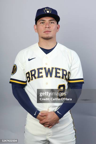 Luis Urías of the Milwaukee Brewers poses for a photo during the Milwaukee Brewers Photo Day at American Family Fields of Phoenix on Wednesday,...