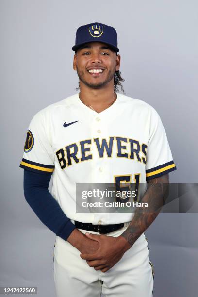 Freddy Peralta of the Milwaukee Brewers poses for a photo during the Milwaukee Brewers Photo Day at American Family Fields of Phoenix on Wednesday,...