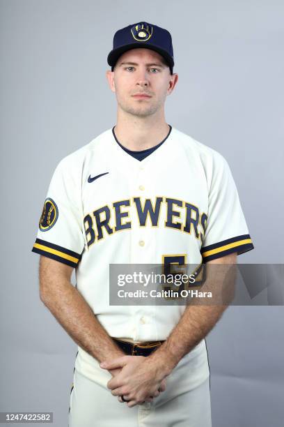 Jake Cousins of the Milwaukee Brewers poses for a photo during the Milwaukee Brewers Photo Day at American Family Fields of Phoenix on Wednesday,...