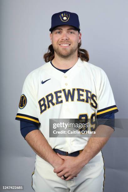 Corbin Burnes of the Milwaukee Brewers poses for a photo during the Milwaukee Brewers Photo Day at American Family Fields of Phoenix on Wednesday,...