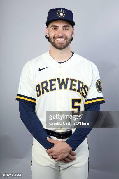 Garrett Mitchell of the Milwaukee Brewers poses for a photo during the Milwaukee Brewers Photo Day at American Family Fields of Phoenix on Wednesday,...