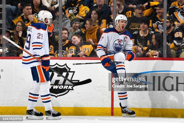 Connor McDavid of the Edmonton Oilers celebrates his first period goal against the Pittsburgh Penguins at PPG PAINTS Arena on February 23, 2023 in...