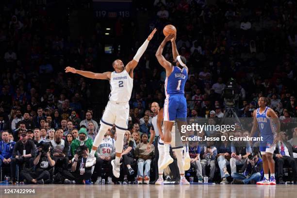 James Harden of the Philadelphia 76ers shoots a three point basket during the game against the Memphis Grizzlies on February 23, 2023 at the Wells...