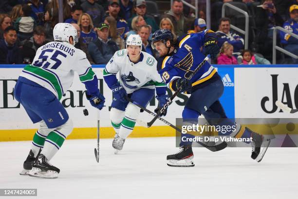 Robert Thomas of the St. Louis Blues shoots the puck against Guillaume Brisebois of the Vancouver Canucks in the first period at Enterprise Center on...