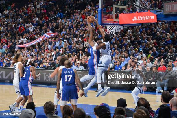 Jaren Jackson Jr. #13 of the Memphis Grizzlies blocks Joel Embiid of the Philadelphia 76ers during the game on February 23, 2023 at the Wells Fargo...