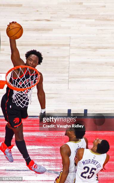 Anunoby of the Toronto Raptors dunks the ball against the New Orleans Pelicans on February 23, 2023 at the Scotiabank Arena in Toronto, Ontario,...