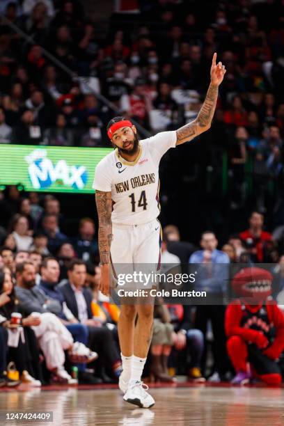 Brandon Ingram of the New Orleans Pelicans reacts after sinking a basket against the Toronto Raptors during the first half of their NBA game at...