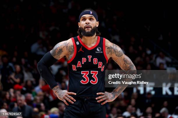 Gary Trent Jr. #33 of the Toronto Raptors looks on during the game against the New Orleans Pelicans on February 23, 2023 at the Scotiabank Arena in...