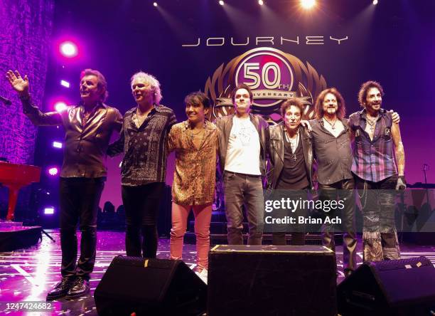 Jonathan Cain, Todd Jensen, Arnel Pineda, Jason Derlatka, Journey founder Neal Schon, Journey co-founder Gregg Rolie, and Deen Castronovo perform...