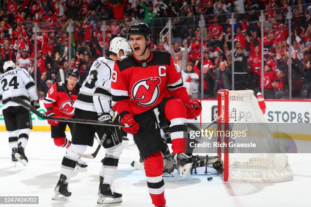 Nico Hischier of the New Jersey Devils celebrates his goal in the third period of the game against the Los Angeles Kings on February 23, 2023 at the...