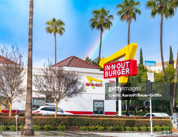 General views of In-N-Out Burger on Sunset Blvd after a rainstorm on February 23, 2023 in Hollywood, California.