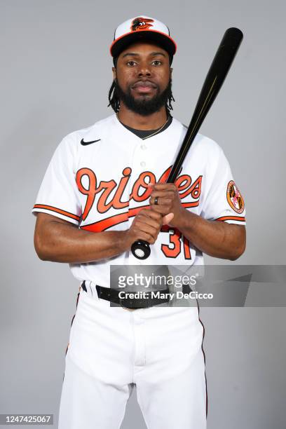 Cedric Mullins of the Baltimore Orioles poses for a photo during the Baltimore Orioles Photo Day at Ed Smith Stadium on Thursday, February 23, 2023...