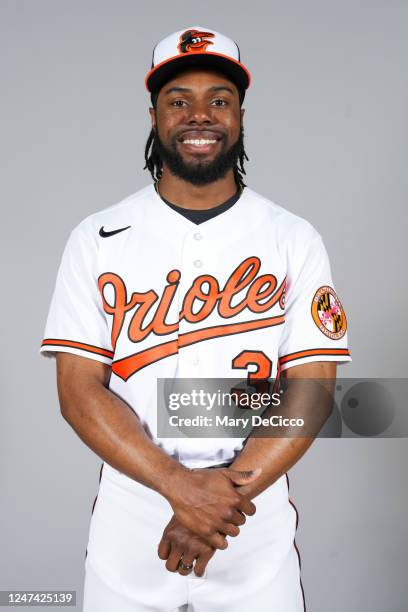 Cedric Mullins of the Baltimore Orioles poses for a photo during the Baltimore Orioles Photo Day at Ed Smith Stadium on Thursday, February 23, 2023...