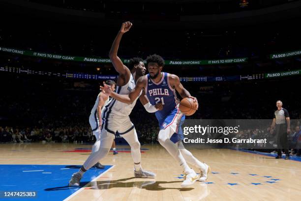 Joel Embiid of the Philadelphia 76ers dribbles the ball during the game against the Memphis Grizzlies on February 23, 2023 at the Wells Fargo Center...