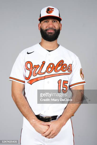 Nomar Mazara of the Baltimore Orioles poses for a photo during the Baltimore Orioles Photo Day at Ed Smith Stadium on Thursday, February 23, 2023 in...