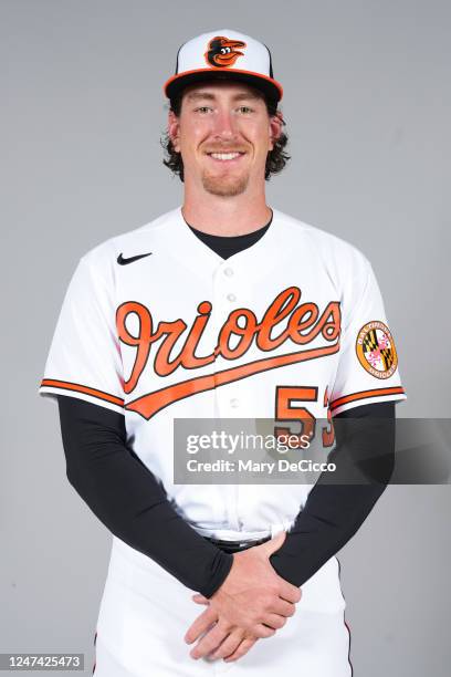 Mike Baumann of the Baltimore Orioles poses for a photo during the Baltimore Orioles Photo Day at Ed Smith Stadium on Thursday, February 23, 2023 in...