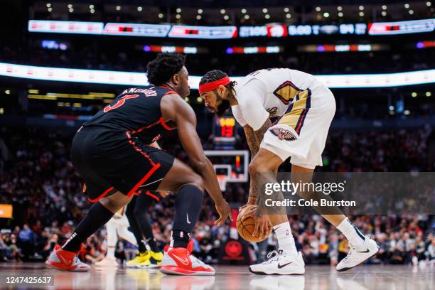 Brandon Ingram of the New Orleans Pelicans drives against O.G. Anunoby of the Toronto Raptors during the second half of their NBA game at Scotiabank...