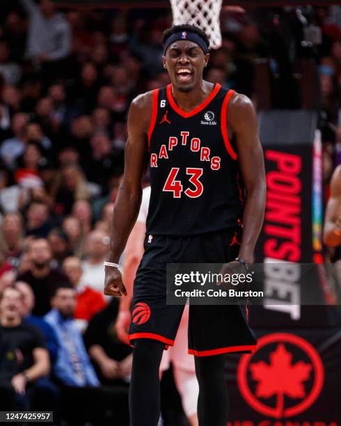 Pascal Siakam of the Toronto Raptors reacts after getting a bucket and a foul during the second half of their NBA game against the New Orleans...